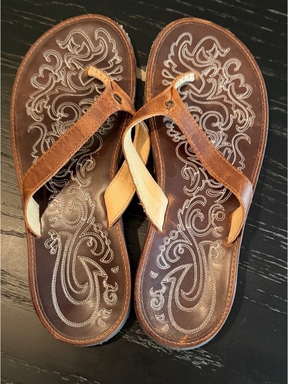 Olukai Paniolo womens 10 Like New Brown Leather Sandals